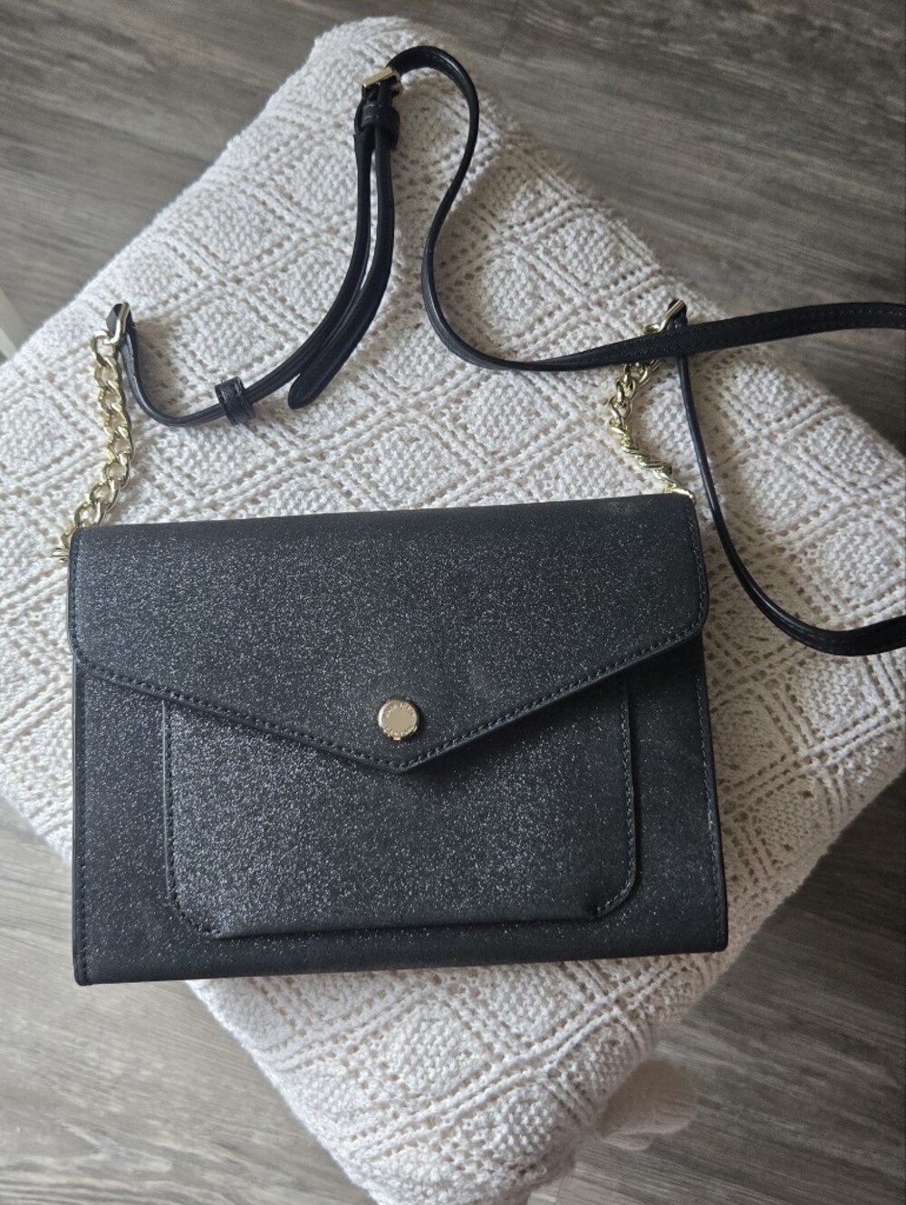 kate spade Black Glitter Crossbody with Gold Chain Detail